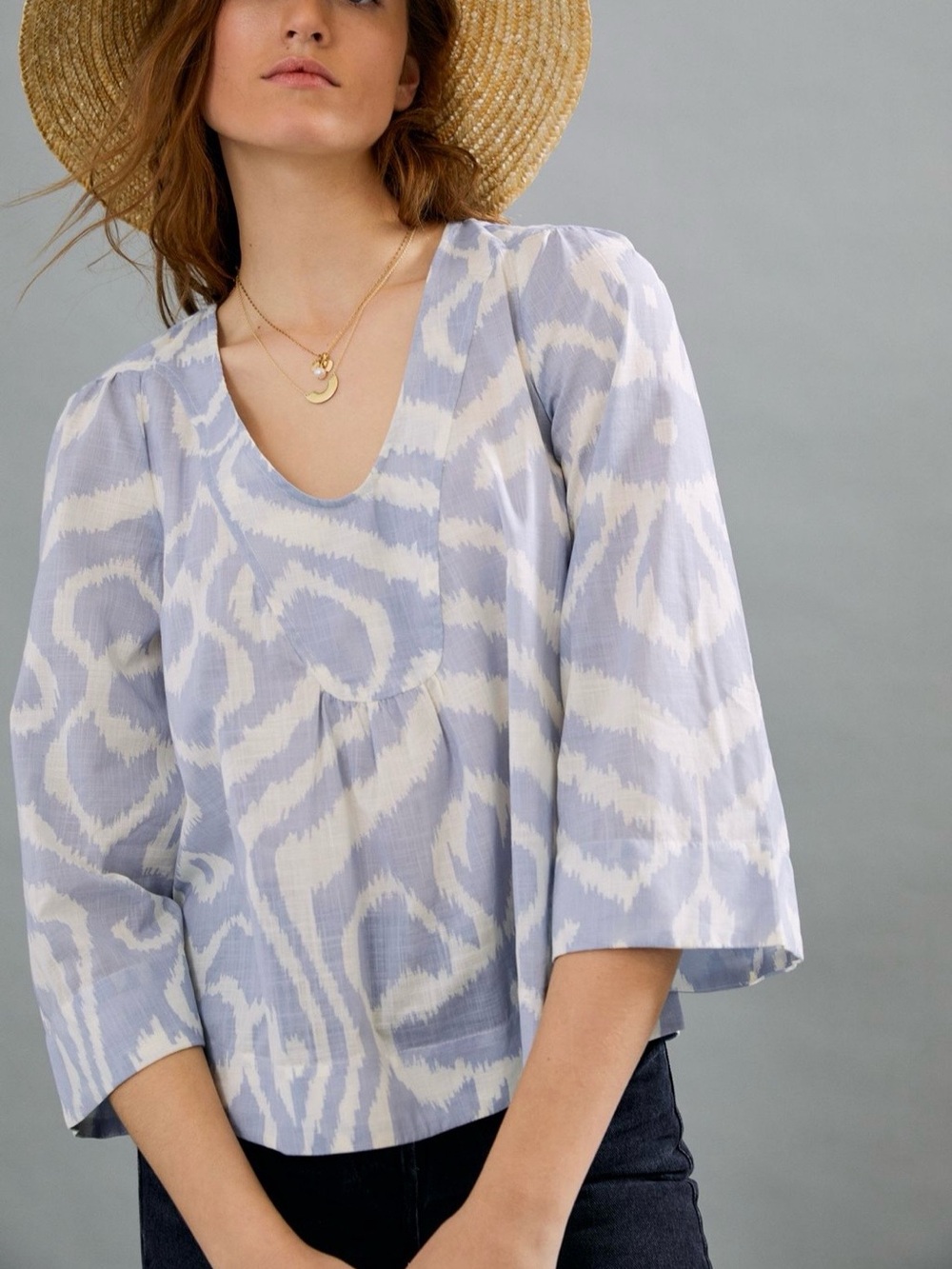 Anthropologie Laverne Ikat Top Bell Sleeves  Boho Cotton Tribal Print Size XS